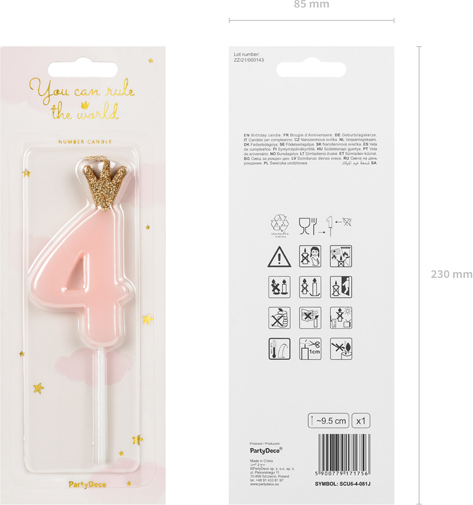 Свічка для торта Partydeco цифра 4 пастель рожева 9,5 см (SCU6-4-081J)