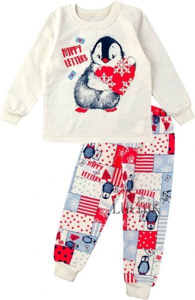 Пижама детская Фламинго с начесом Пингвины р.140 молочный с синим 329-310-10 