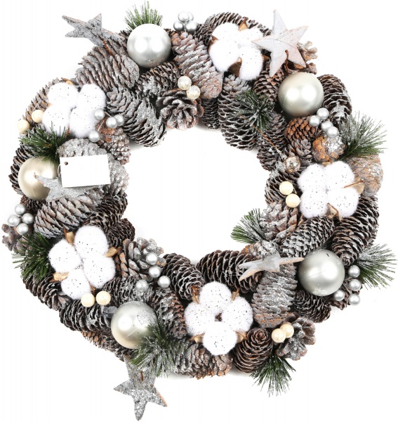 Декорація новорічна вінок з шишок і срібних кульок d33 мм EWJ-20A9076 
