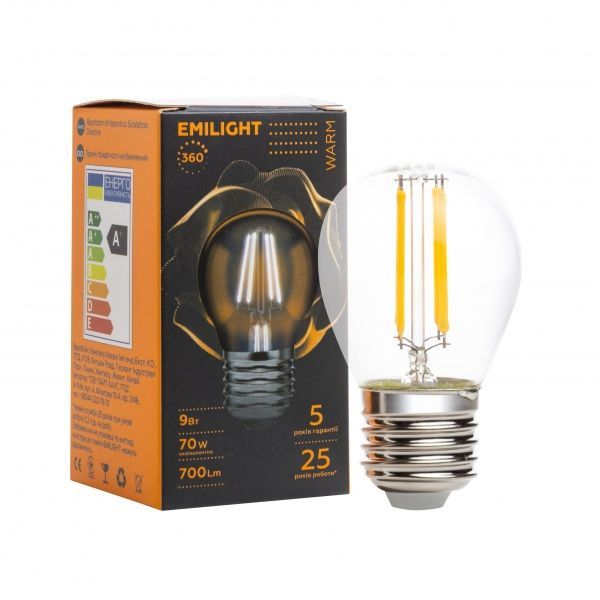 Лампа світлодіодна Emilight FIL CL G45 9 Вт E27 3000 К 220 В прозора 
