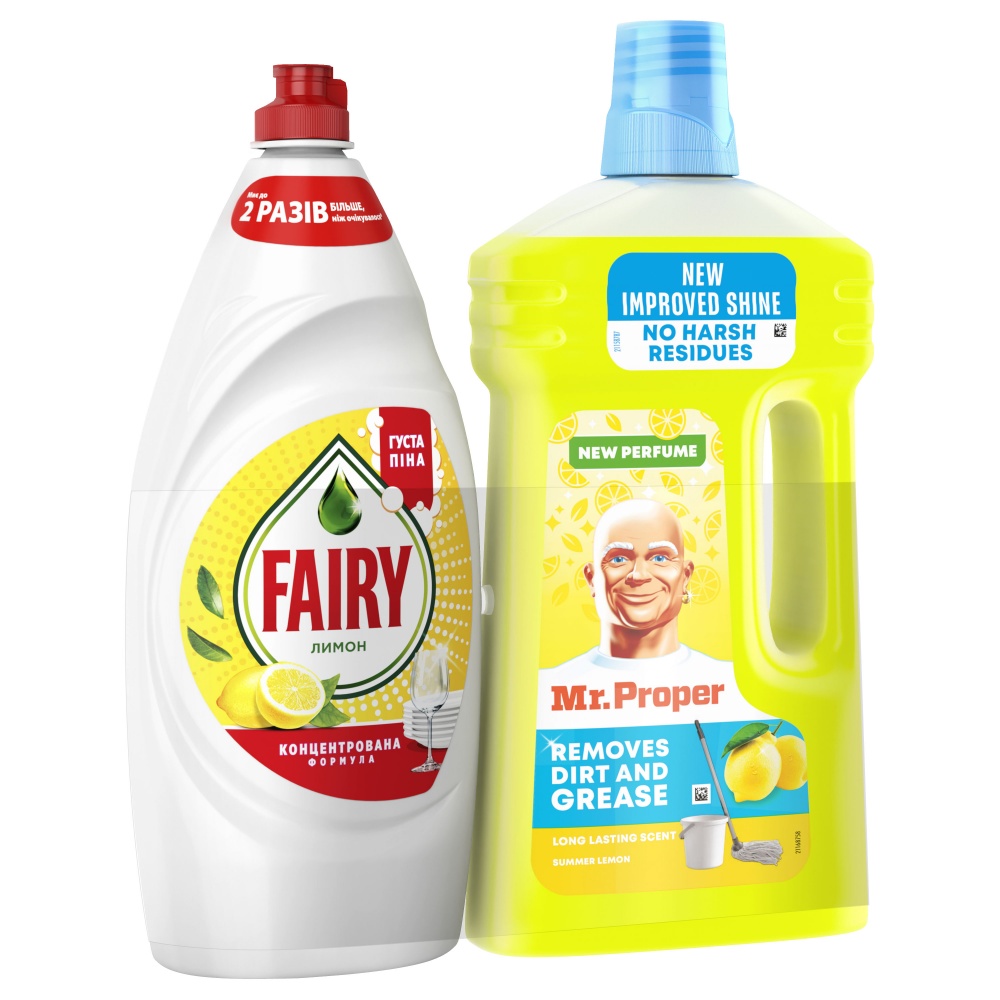 Средство для мытья посуды Fairy Лимон 900 мл + Универсальное средство для мытья полов и стен MR PROPER Лимон 1л