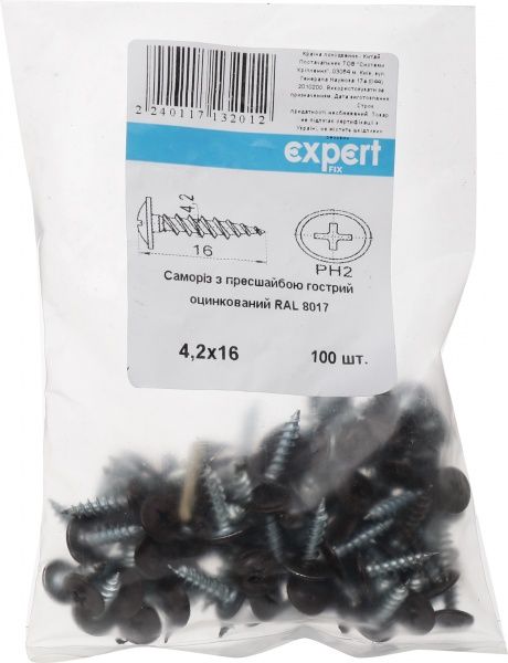 Саморез с прессшайбой острый 4.2x16 мм 100 шт шоколад RAL 8017 EXPERT FIX