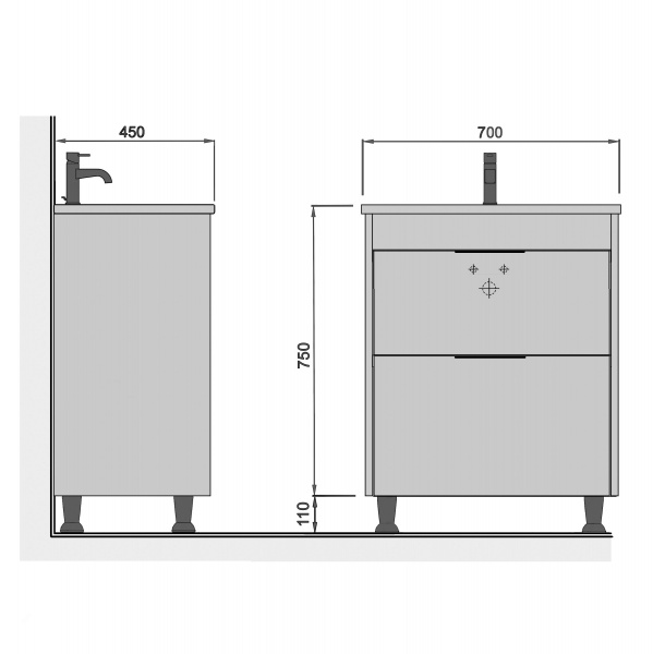 Тумба на ножках Мойдодыр Freya 70 с умывальником Creavit Ipek 70