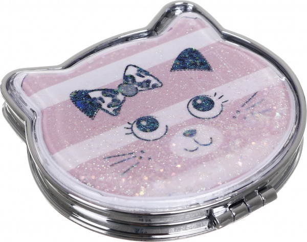 Зеркало карманное косметическое Лідер Канц Котик с сыпучими блестками фигурное 12 вариантов в ассортименте 