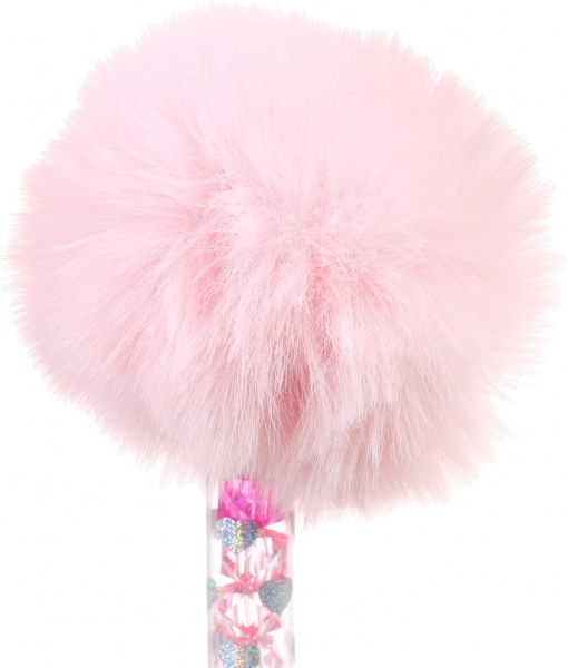 Ручка кулькова Пухнастий помпон з кристалами рожева 