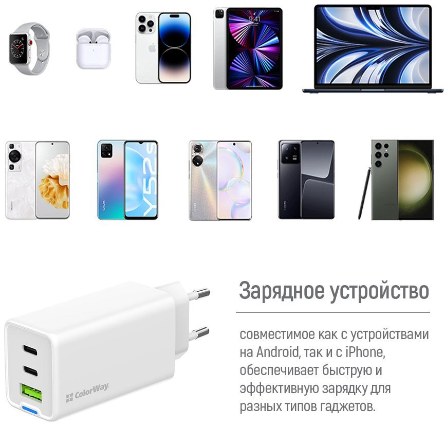 Сетевое зарядное устройство ColorWay GaN Mini 65W PD Port PPS USB (USB-2C1A) cable Type-C&Lightning (CW-CHS058PDCL-WT)