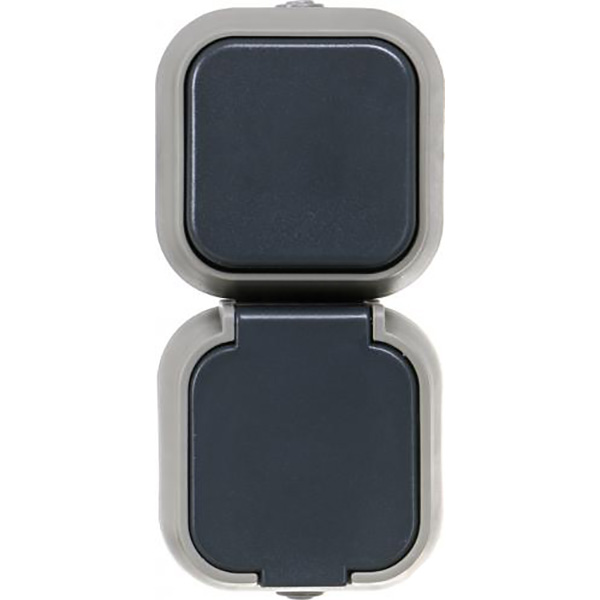 Розетка + вимикач із заземленням Vesta без шторок з кришкою сірий HSN-BLK.H2B54G1W1G1WGC-GR