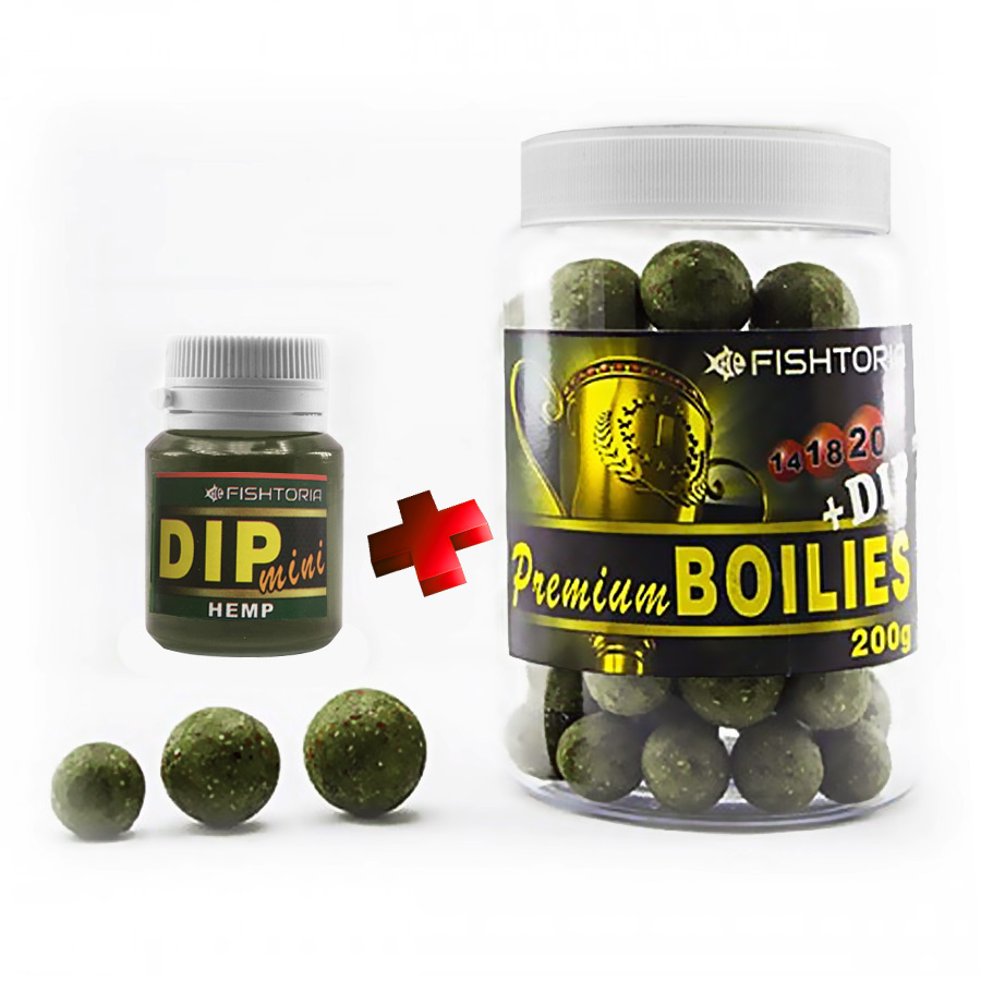 Бойли Fishtoria насадочні Premium Boilies 14.18.20мм + DIP 20мл 200 г конопля — фото 1