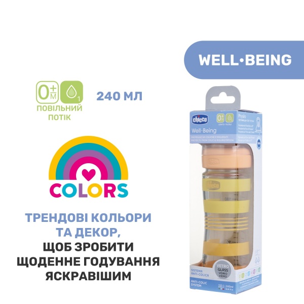 Пляшечка Chicco скляна Well-Being Colors 0м+ 240 мл помаранчева (28721.31)