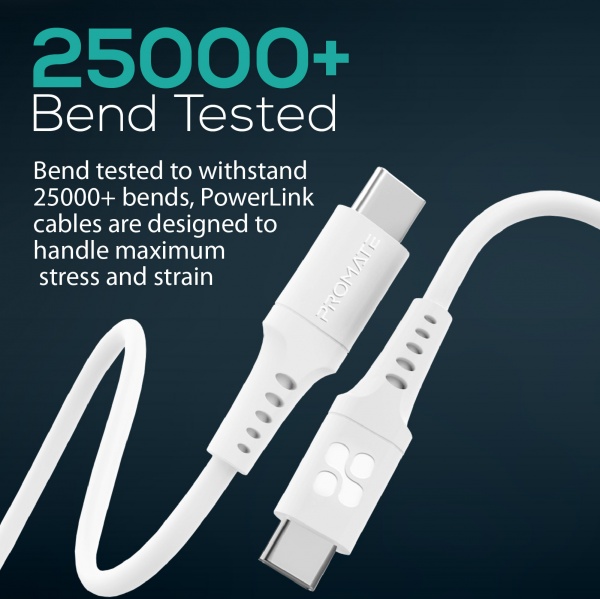 Кабель Promate PowerLink-CC120 USB-C to USB-C 60 Вт Power Delivery 1,2 м білий (powerlink-cc120.white) 