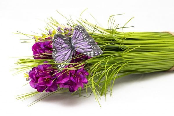 Растение искусственное с бабочкой Сноп 32,5 см, лилового цвета