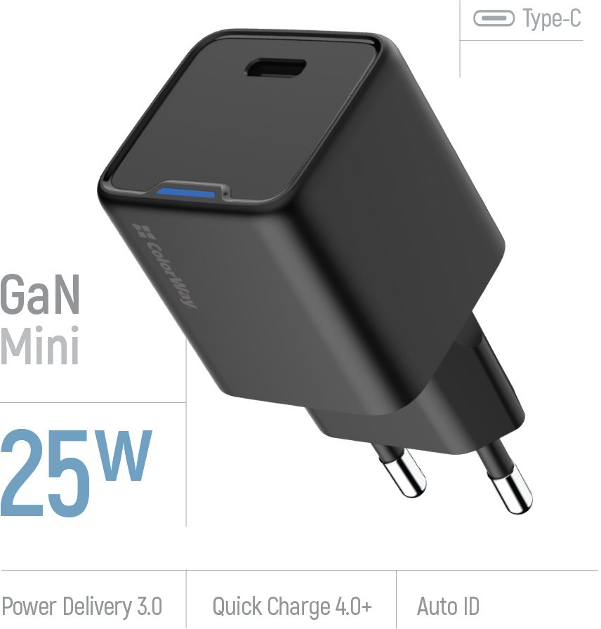 Сетевое зарядное устройство ColorWay GaN Mini 25W PD USB-C black