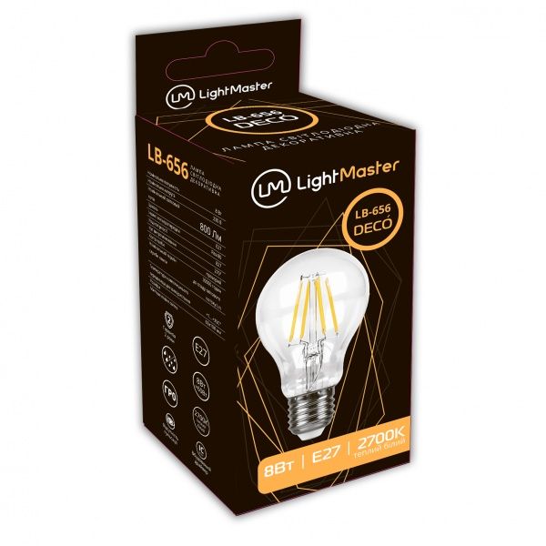 Лампа світлодіодна LightMaster FIL Deco A60 8 Вт E27 2700 К 220 В прозора LB-656 