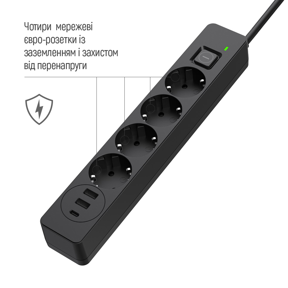 Сетевой фильтр ColorWay 3USB (2USB-A +1 TYPE-C) (24W) с заземлением 4 гн. черный 5 м CW-CHE435PDB