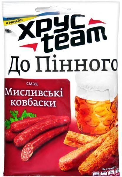 Сухарики ХрусTeam хрусткі зі смаком мисливських ковбасок 70 г