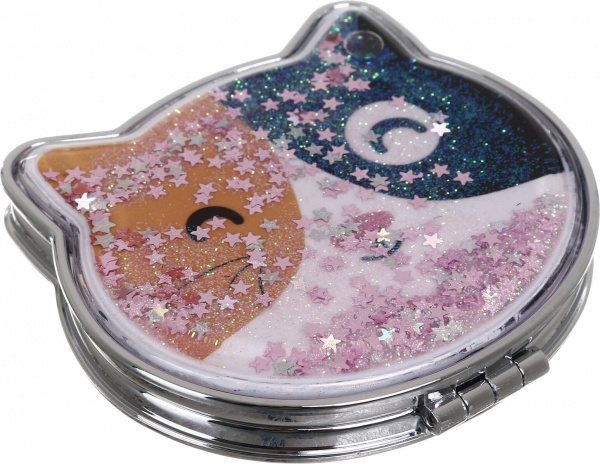 Зеркало карманное косметическое Лідер Канц Котик с сыпучими блестками фигурное 12 вариантов в ассортименте 