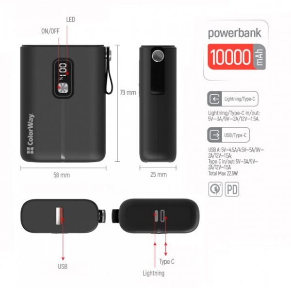 Внешний аккумулятор (Powerbank) ColorWay Full power Ligthning + USB QC3.0 + USB-C PD 22.5W 10000 mAh black (CW-PB100LPK2BK-PDD) 