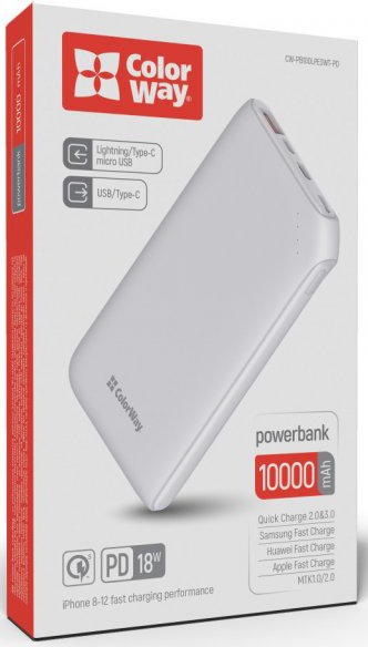 Внешний аккумулятор (Powerbank) ColorWay Soft touch Ligthning + USB QC3.0 + USB-C PD 18W 10000 mAh white (CW-PB100LPE3WT-PD) 