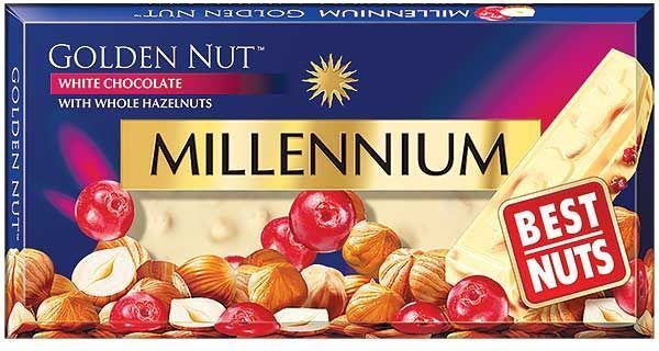 Шоколад Millennium білий з цілим лісовим горіхом і журавлиною 100 г