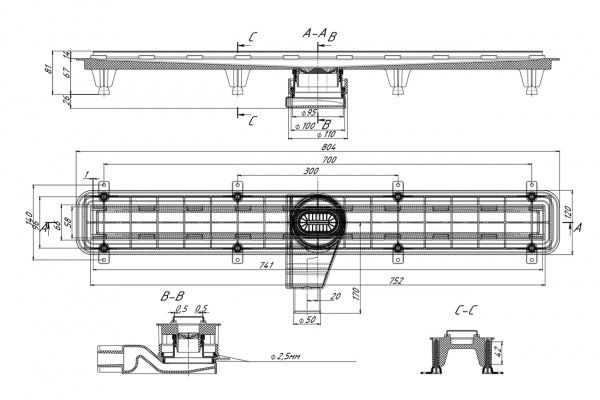 Душевой канал Rhein с накладкой из нержавеющей стали 750 мм