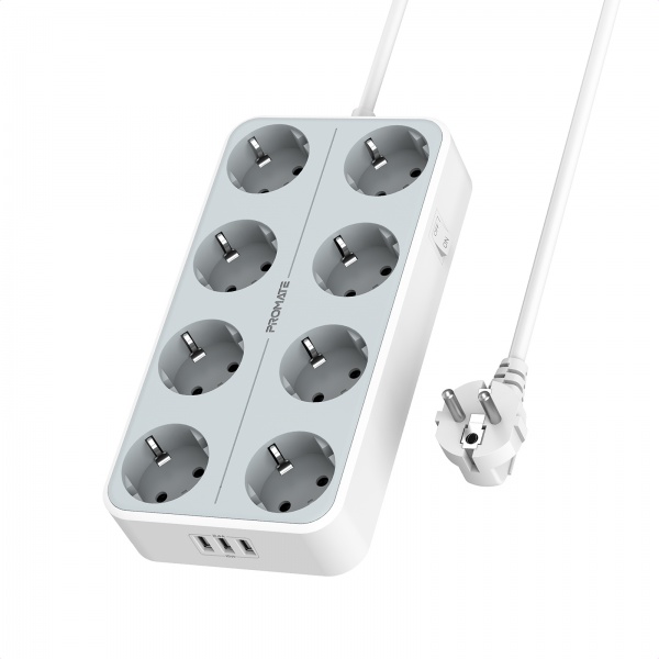 Мережевий фільтр Promate 11-в-1 PowerCord8EU-2M 8 розеток і 3 USB порта із заземленням 8 гн. white 2 м powercord8eu-2m.white{
