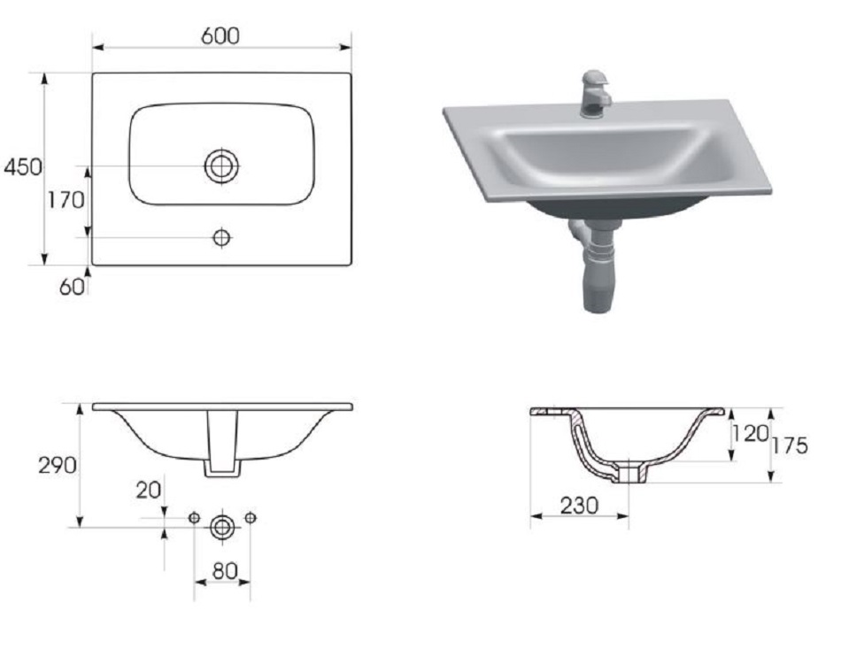 Умывальник EGO прямоугольный врезной 60 см с отверстием под смеситель