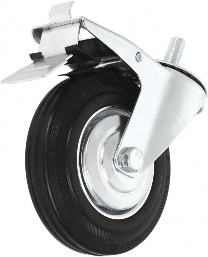 Колесо d160 мм резиновое поворотное с тормозом і резьбовым штырем M16