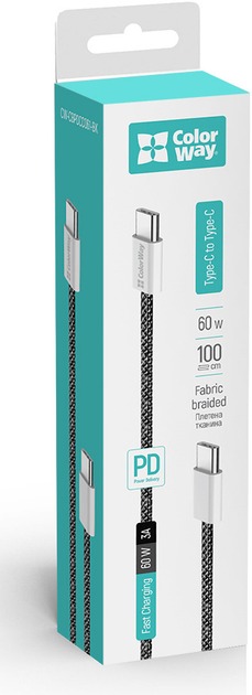 Кабель ColorWay Type-C - Type-C (braided cotton) (PD Fast Charging 60W) 3.0А 1 м чорний (CW-CBPDCC061-BK)