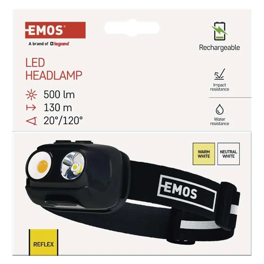 Фонарь налобный Emos аккумуляторный COB LED Li-pol 1200 mAh 500 Lm черный P3542