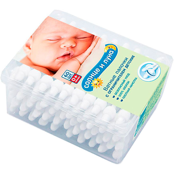 Ватні палички Aura beauty Baby з обмежувачем 60 шт. (квадратна)