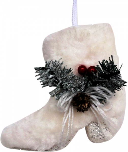 Ялинкова іграшка Пухнастий черевик з горобиною білий 15 см 