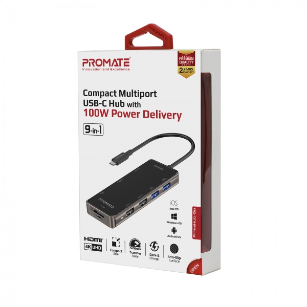 USB-хаб Promate PrimeHub-Go 9-в-1 USB-C PD/HDMI/2xUSB 3.0/2xUSB 2.0/RJ45/SD/MicroSD