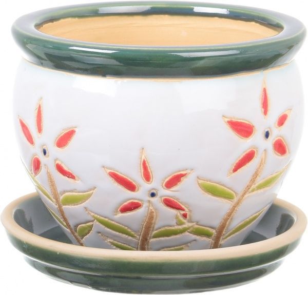 Горшок Viet Thanh Ceramic с блюдцем цветок 16х13 см VT.10633-3 круглый белый с красным 