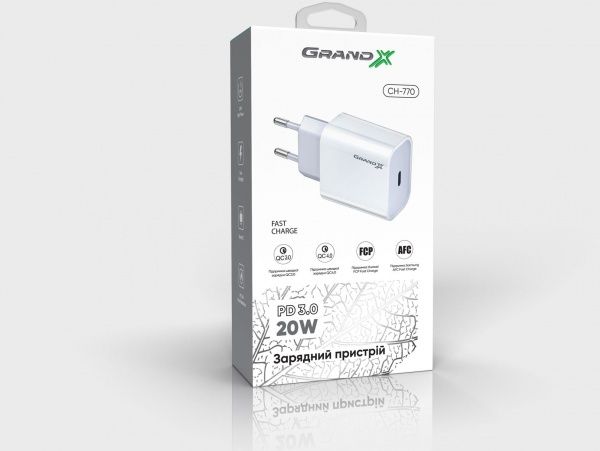 Зарядное устройство Grand-X CH-770 20W PD 3.0 USB-C для Apple iPhone и Android QC4.0,FCP,AFC 
