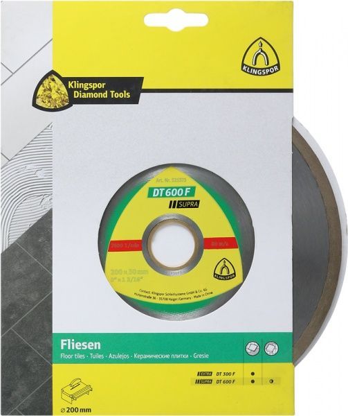 Диск алмазний відрізний Klingspor Supra DT600F 200x1,6x25,4/30 керамограніт , кераміка 325373
