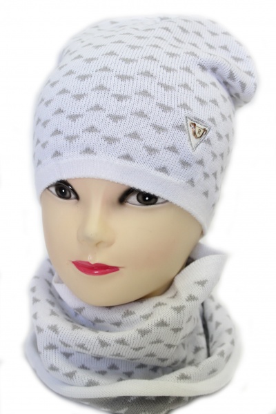 Комплект шапка + снуд для дівчаток Kraft+ р.52-54 білий із сірим 1509 