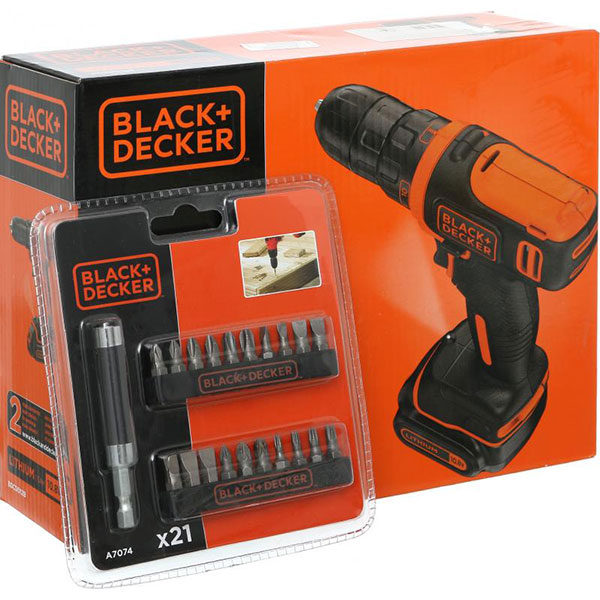 Шуруповерт аккумуляторный Black&Decker BDCDD12B_A + набор бит A7074