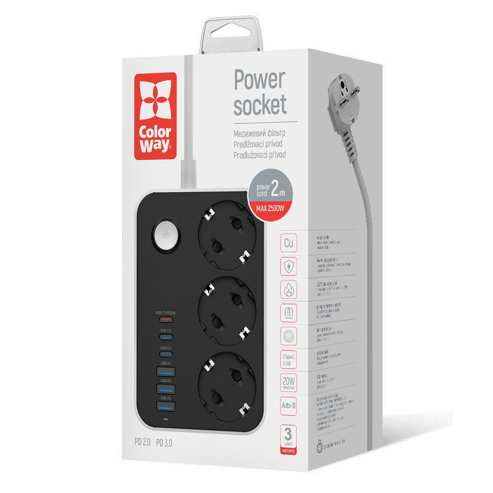 Фильтр-удлинитель ColorWay с заземлением 3 гн. черный 2 м CW-CHE36PDB