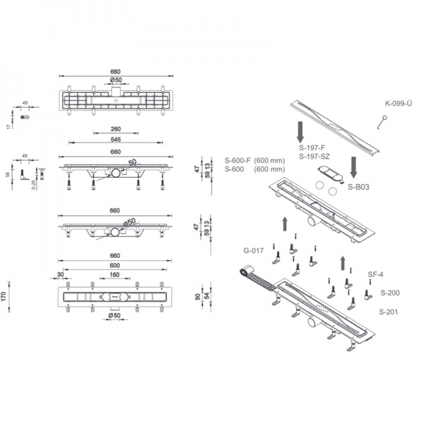 Душовий канал Styron STY-CH-60 решітка 600 мм Ланцюг