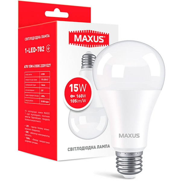 Лампа светодиодная Maxus 15 Вт A70 матовая E27 220 В 4100 К 1-LED-782 