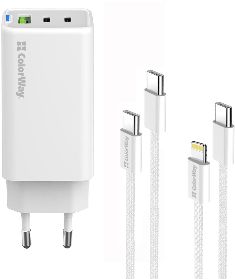 Сетевое зарядное устройство ColorWay GaN Mini 65W PD Port PPS USB (USB-2C1A) cable Type-C&Lightning (CW-CHS058PDCL-WT)