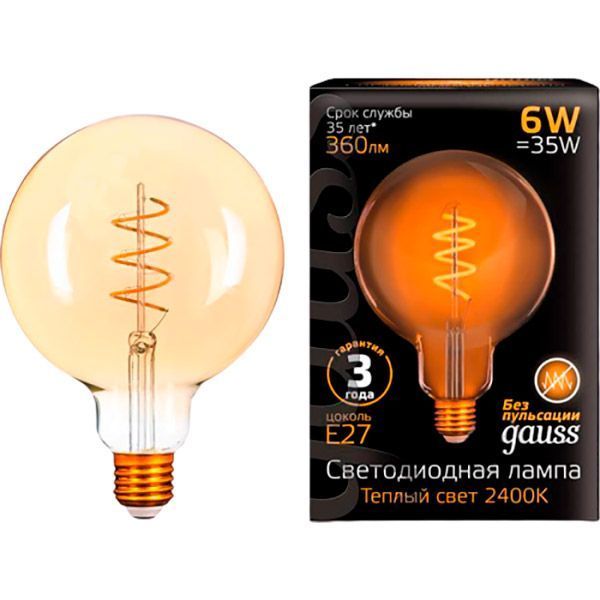 Лампа світлодіодна Gauss FL Golden G120 6 Вт E27 2400 К 220 В прозора 
