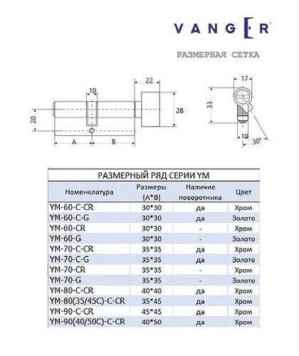 Цилиндр Vanger YM-70-CR 35x35 ключ-ключ 70 мм хром