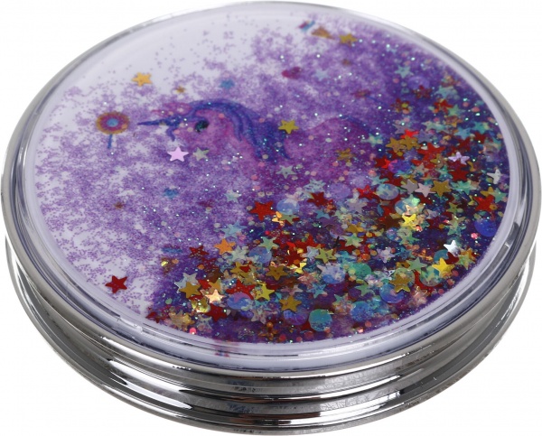 Зеркало карманное косметическое Лідер Канц Единорог с сыпучими блестками круглое 12 вариантов в ассортименте 