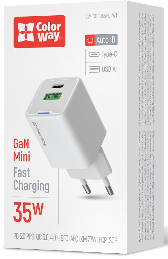 Мережевий зарядний пристрій ColorWay GaN Mini 35W PD Port PPS USB (Type-C PD + USB QC4.0) білий (CW-CHS055PD-WT)