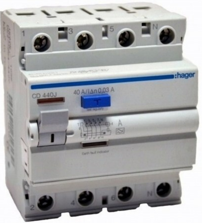 Пристрій захисного відключення Hager 4р тип A 40A/30mA CD440J