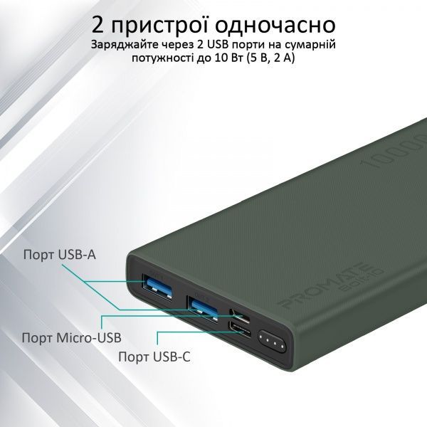 Внешний аккумулятор (Powerbank) Promate Bolt-10 10Вт 2xUSB 10000 mAh green (bolt-10.midnightgreen) 