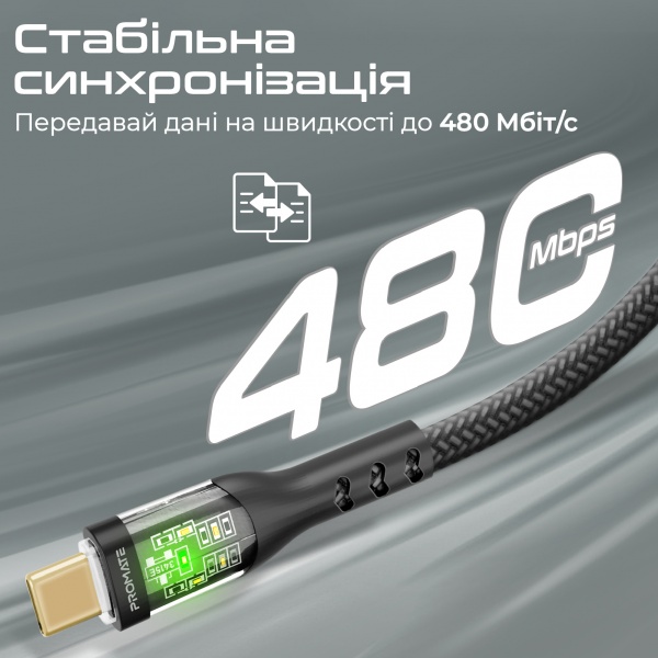 Кабель Promate TransLine-CC USB-C to USB-C 60W Power Delivery 1,2 м чорний (transline-cc.black) 