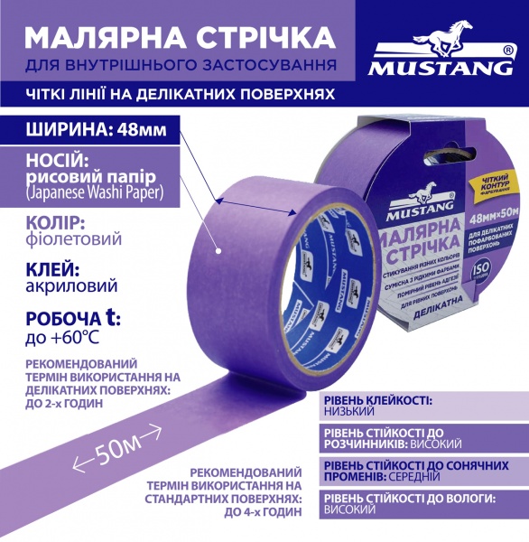 Стрічка малярна Mustang Delicate рисова фіолетова 48 мм x 50 м
