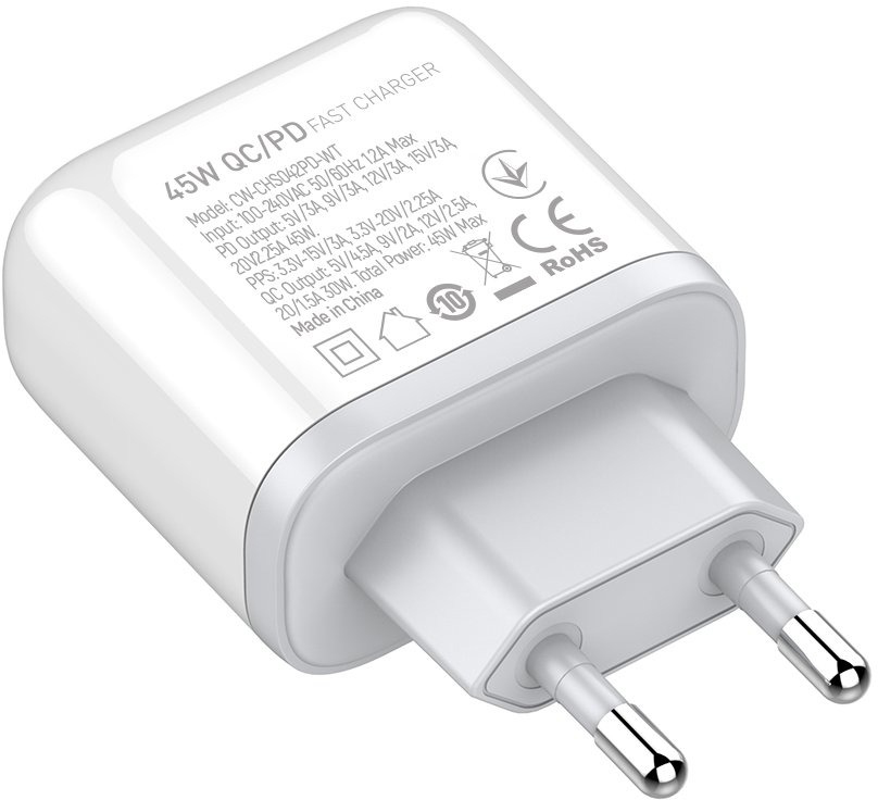 Мережевий зарядний пристрій ColorWay Power Delivery Port PPS USB (Type-C PD + USB QC3.0) (45W) білий CW-CHS042PD-WT